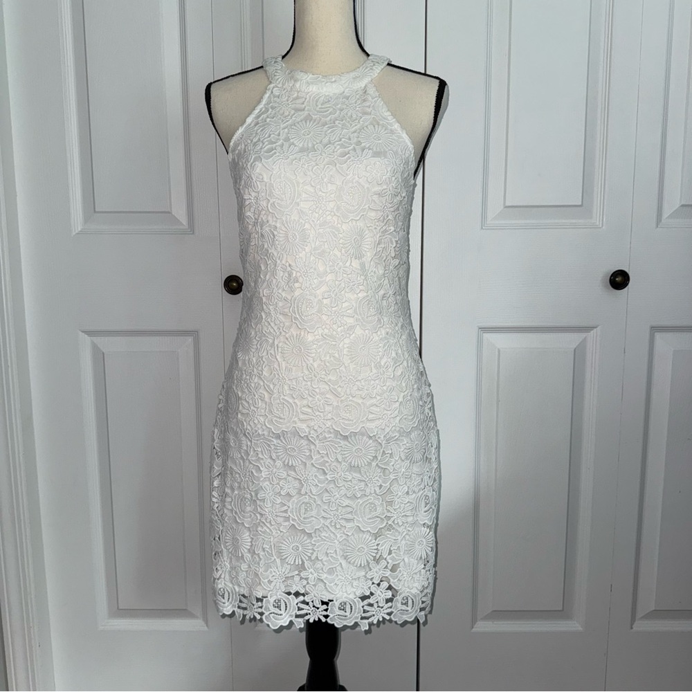 Lulu's Ivory Floral Lace Mini halter Dress lined Coastal Fairy Cottage Size M - Picture 3 of 13